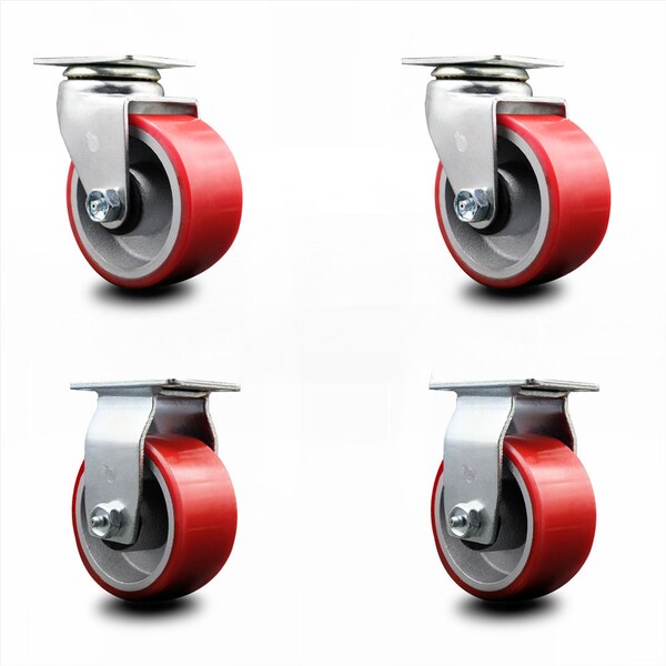 4 Inch Red Poly on Cast Iron Caster Set with Roller Bearings 2 Swivel 2 Rigid